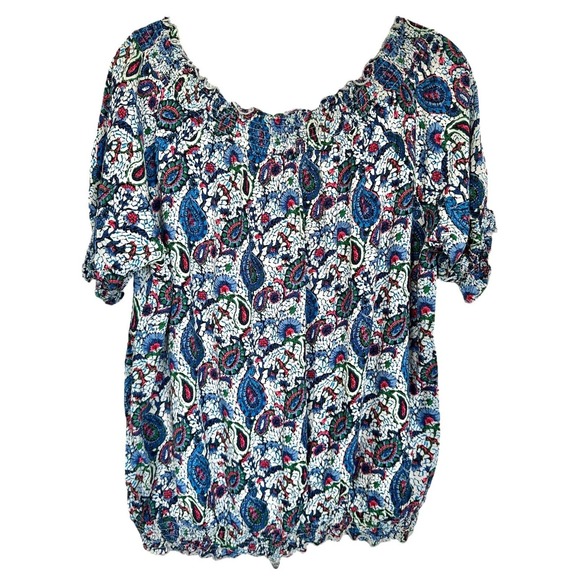azelhazel hazel hazel haze Women's Colorful Print Blouse Top 100%Rayon Sz L Blue - Picture 2 of 9